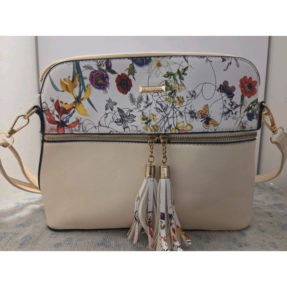 Elim & Paul Floral & Butterfly Garden Ivory Purse Tassel Crossbody Handbag
